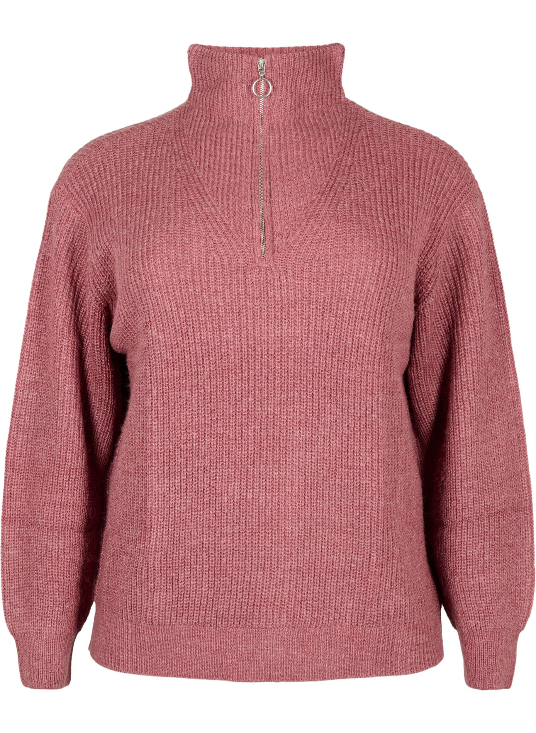 ZizziStickad tr&ouml;ja med h&ouml;g hals och dragkedja, Rosa, Packshot image number 0