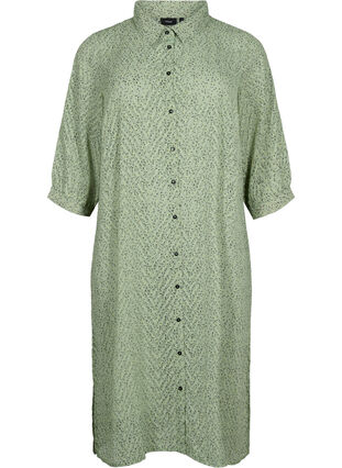 Prickig skjortklänning med 3/4 ärmar och slits, Seagrass Dot, Packshot image number 0
