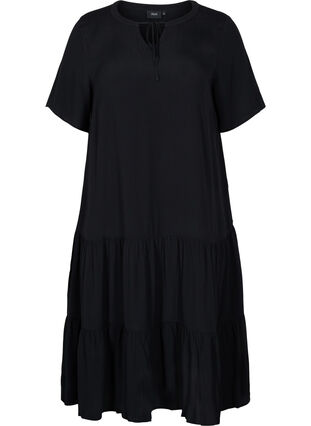Kortärmad viskosklänning med tryck, Black, Packshot image number 0