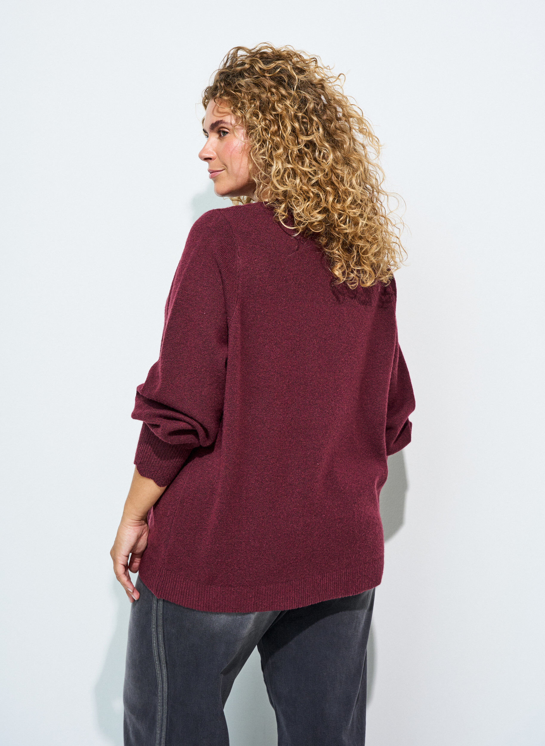 ZizziStickad blus med v&aring;giga kanter, R&ouml;d, Model image number 2