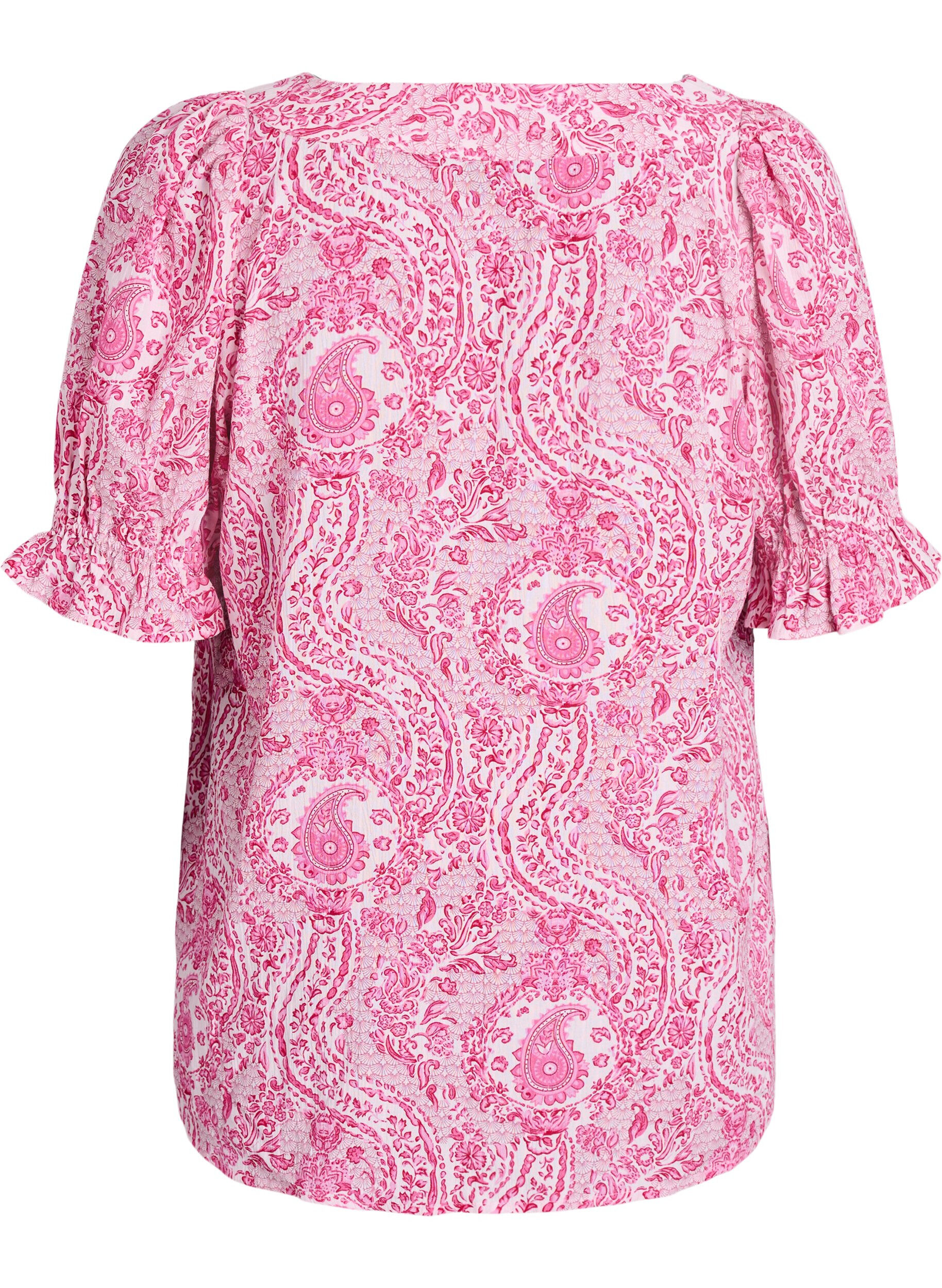 ZizziBlus i viskos med paisleym&ouml;nster och fyrkantig halsringning, Rosa, Packshot image number 1