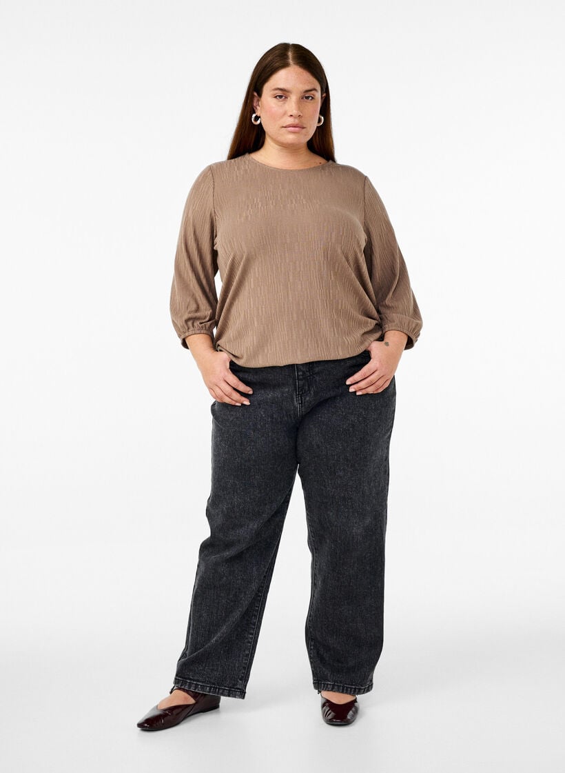Blus med struktur och 3/4-&auml;rmar, Brun, Model image number 1