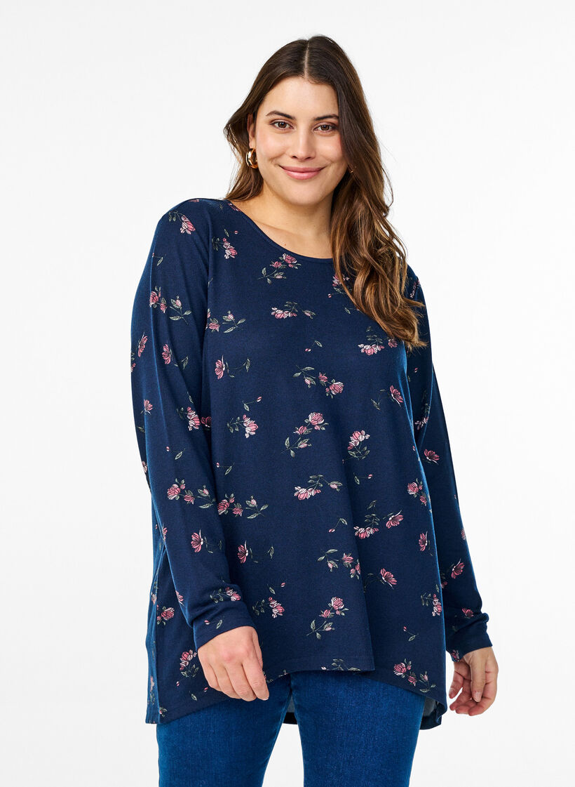 Blommig blus med l&aring;nga &auml;rmar, Bl&aring;, Model image number 0