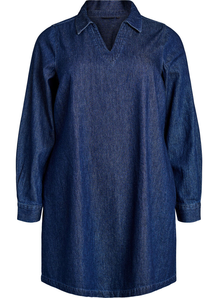 Kort jeanskl&auml;nning med v-ringning och krage, Bl&aring;, Packshot image number 0
