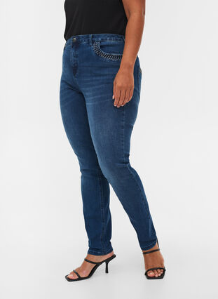 Nille jeans med hög midja och nitar, Medium Blue denim, Model image number 3