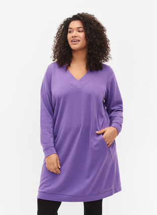V-ringad sweatshirtklänning, Deep Lavender, Model image number 0
