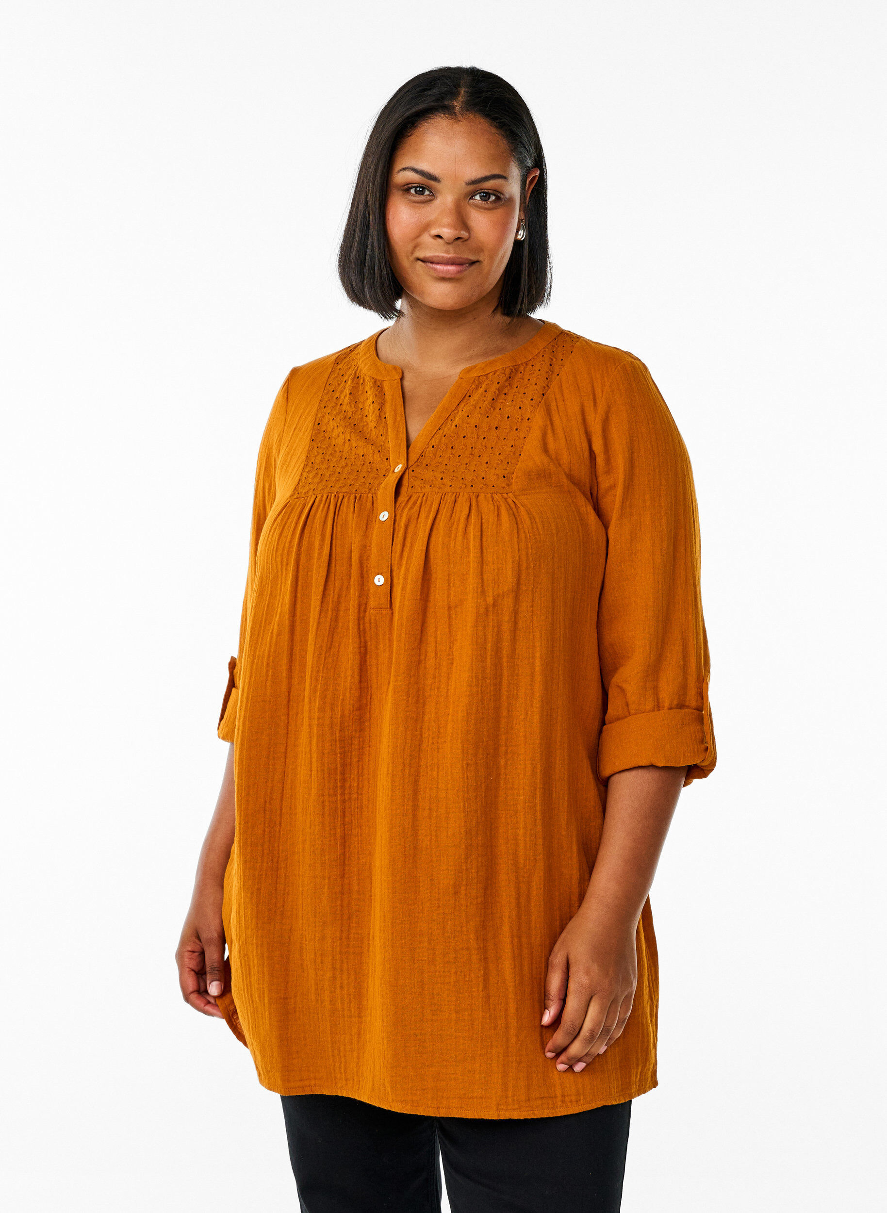 ZizziTunika i bomullsmuslin med broderie anglaise, Orange, Model image number 0