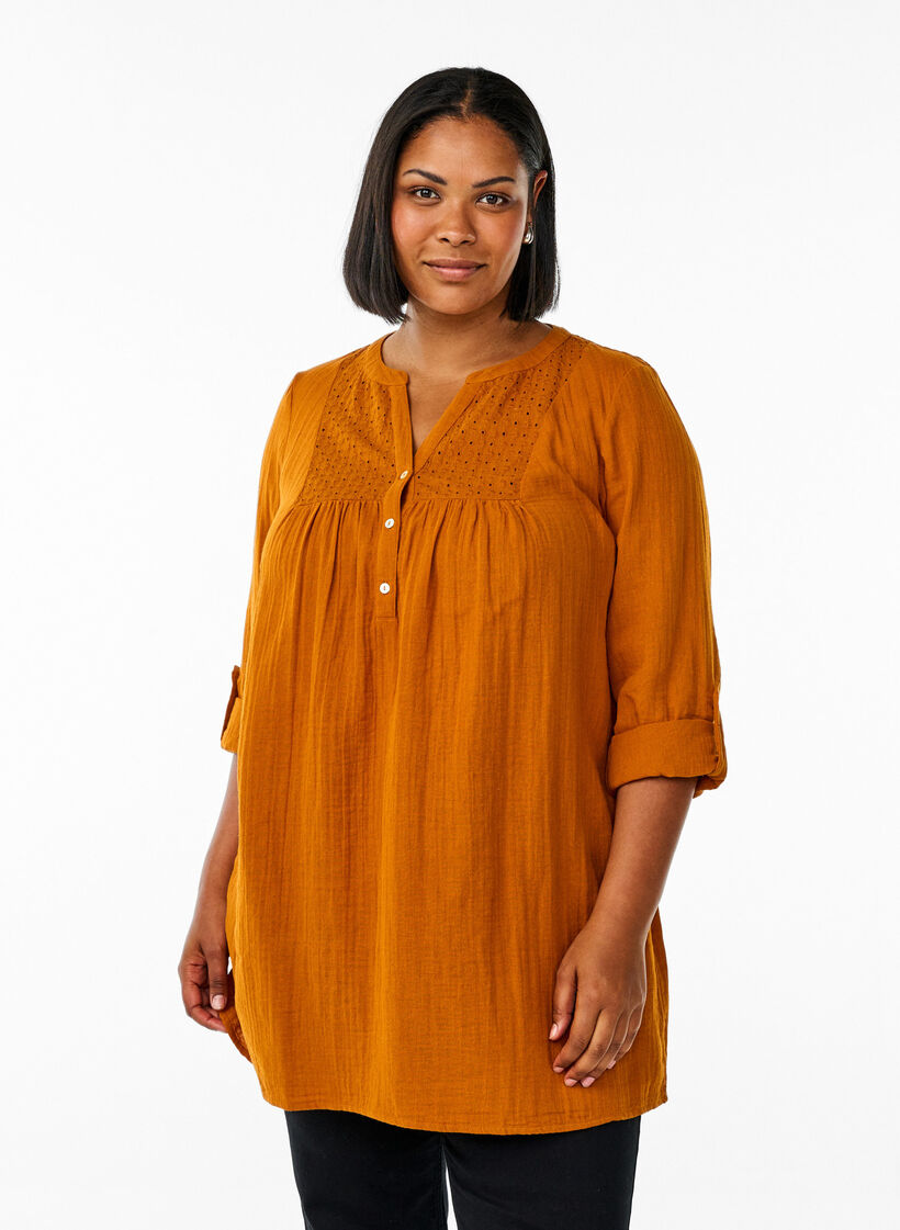 Tunika i bomullsmuslin med broderie anglaise, Orange, Model image number 0