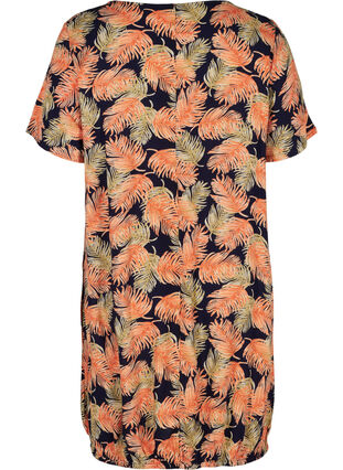 Kortärmad viskosklänning med mönster, Orange Leaf, Packshot image number 1