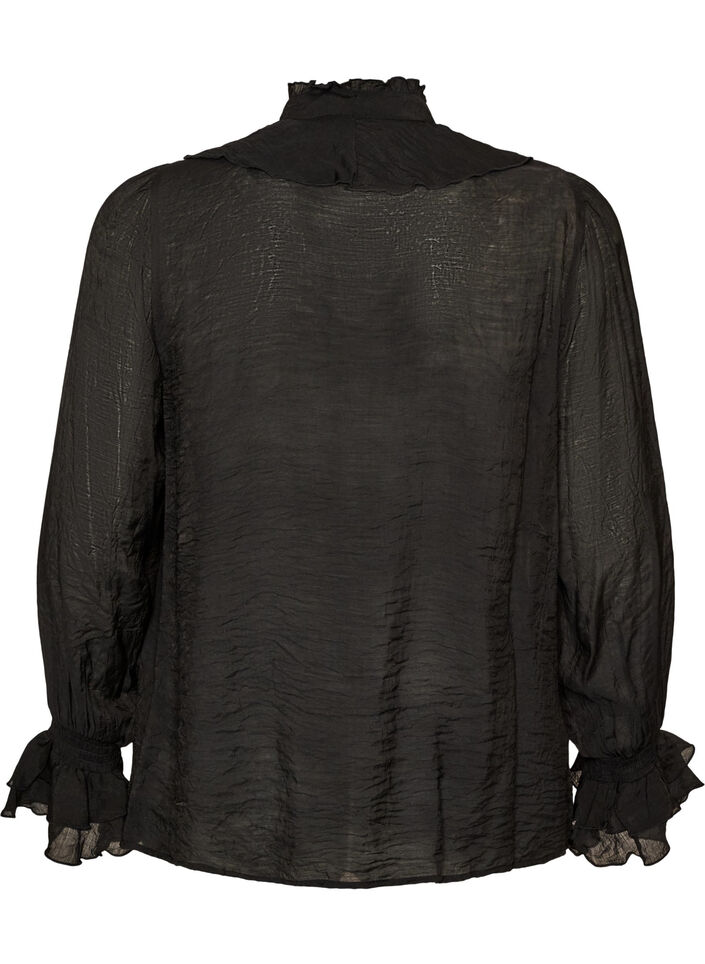 Blus i viskos med volanger och l&aring;nga &auml;rmar, Svart, Packshot image number 1