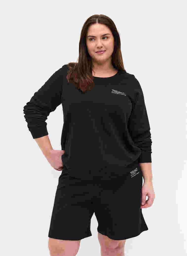 Sweatshirt i bomull med texttryck, Black, Model
