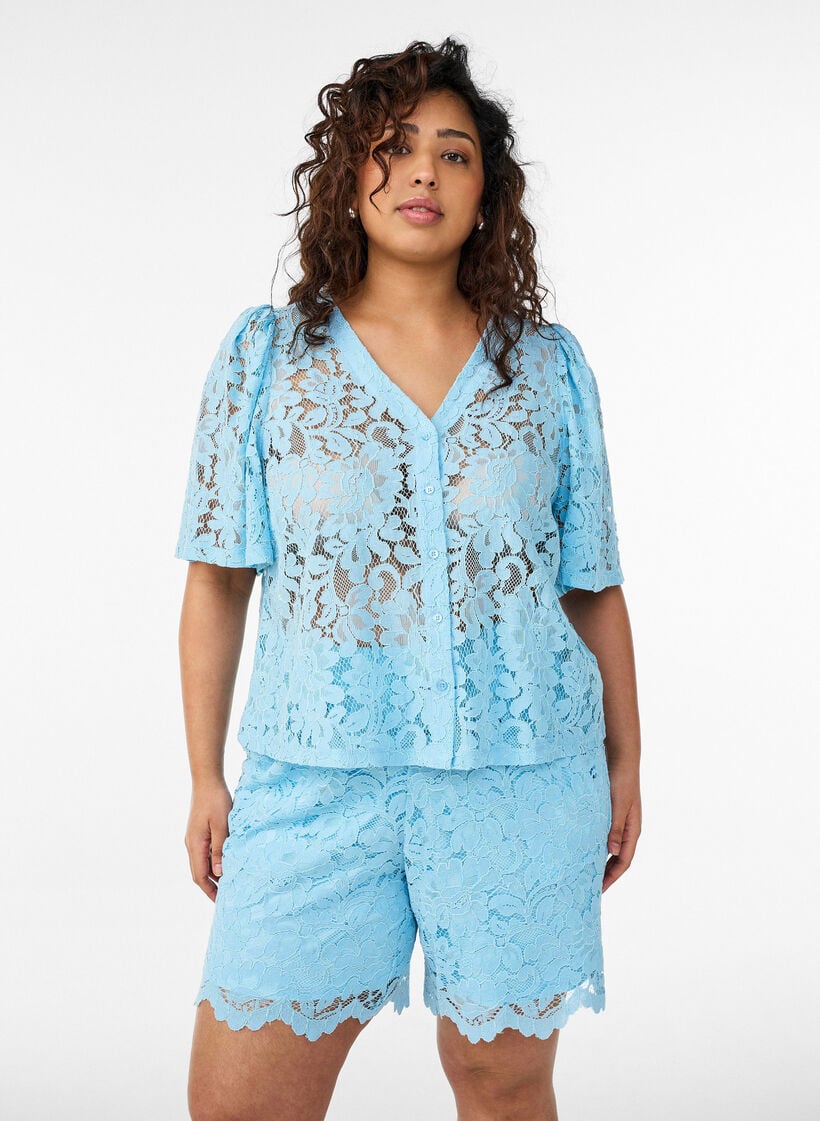 Spetsshorts med h&ouml;g midja och fickor, Bl&aring;, Model image number 0