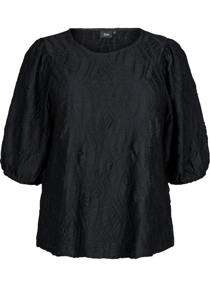 Blus med struktur och 3/4-&auml;rmar, Svart, Packshot image number 0
