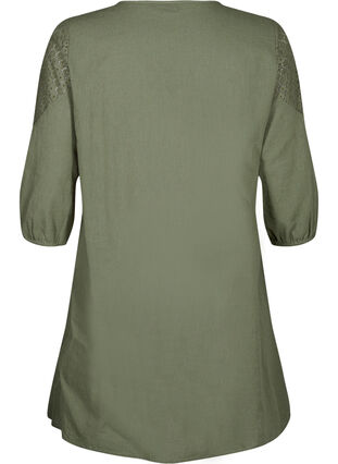 Klänning i bomullsblandning med linne och virkade detaljer, Deep Lichen Green, Packshot image number 1