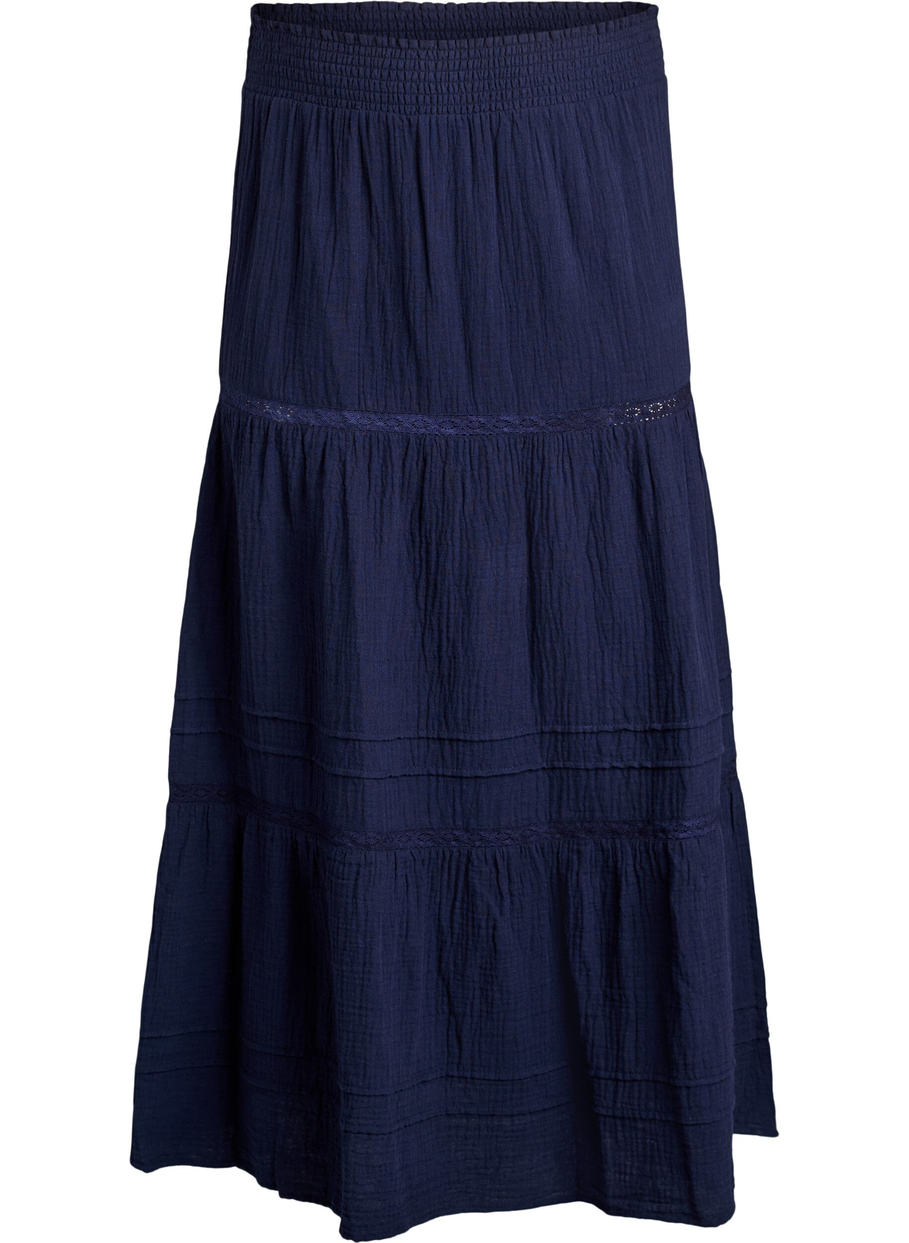 ZizziA-linjeformad midikjol i bomullsmuslin med virkat band, Bl&aring;, Packshot image number 0