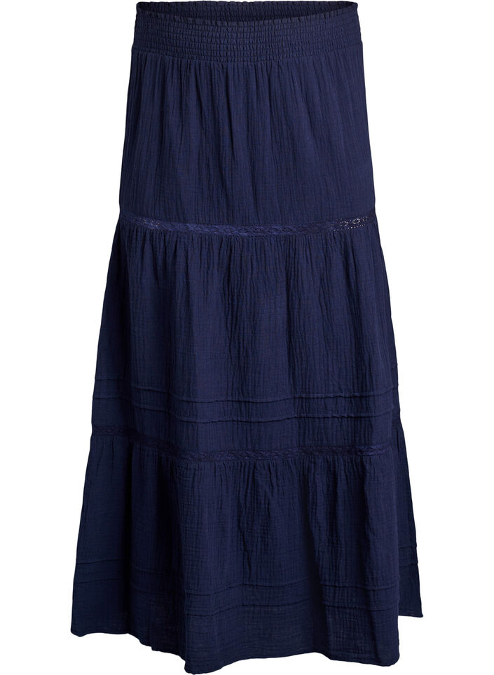 A-linjeformad midikjol i bomullsmuslin med virkat band, Bl&aring;, Packshot image number 0