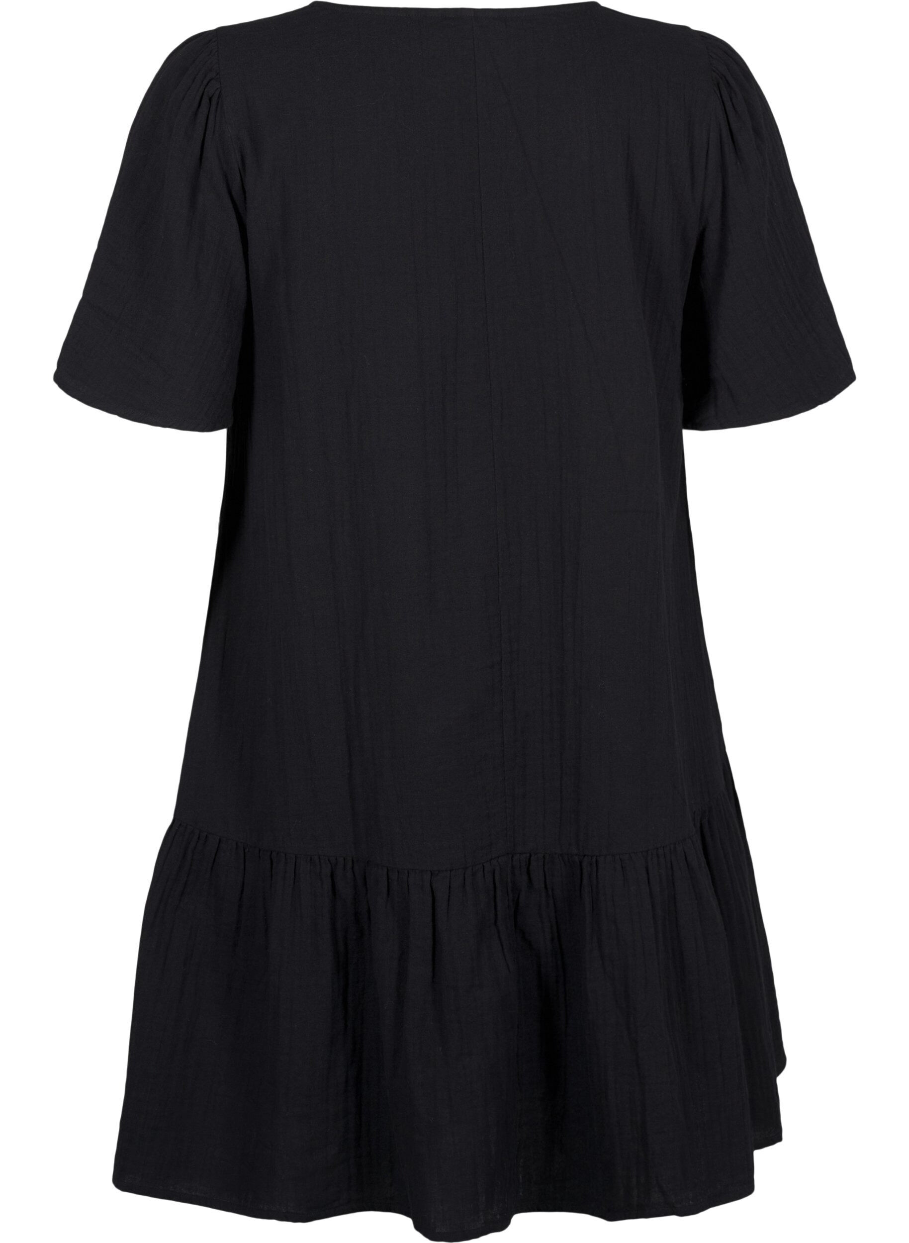 ZizziKort&auml;rmad kl&auml;nning i bomull med a-linjeformad sk&auml;rning, Svart, Packshot image number 1