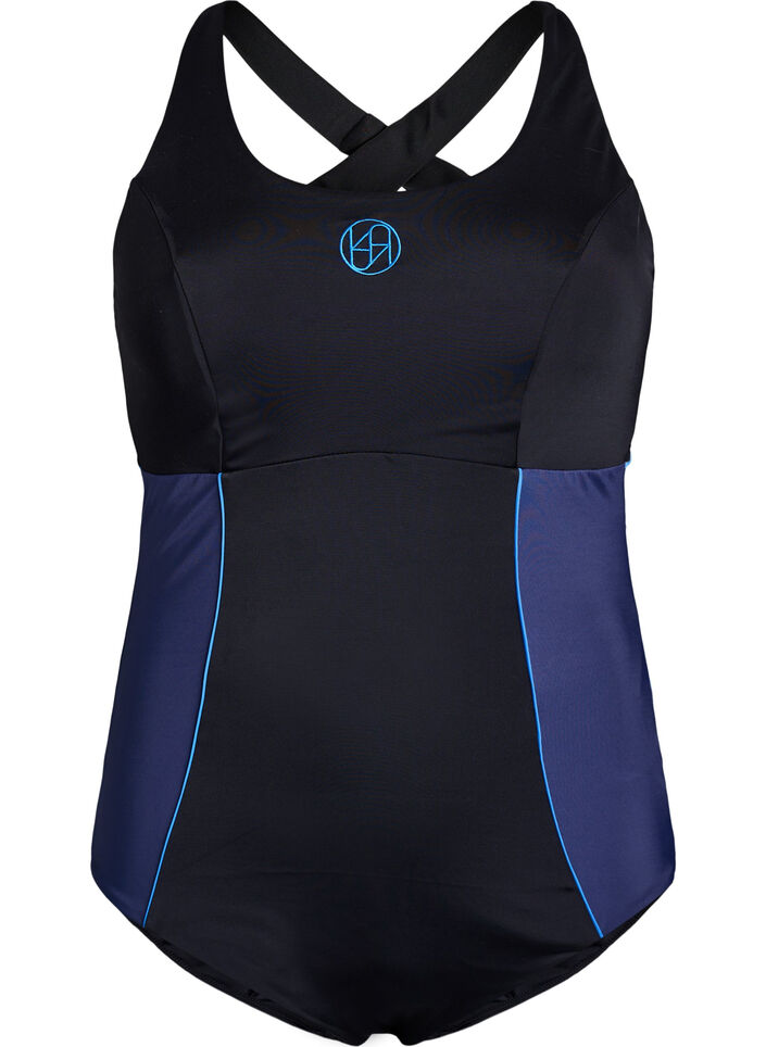 Sportbaddräkt med korsade axelband, Svart, Packshot image number 0