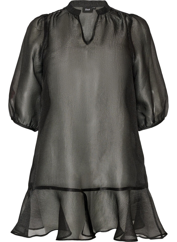 Kort kl&auml;nning i organza med volangkant, Svart, Packshot image number 0