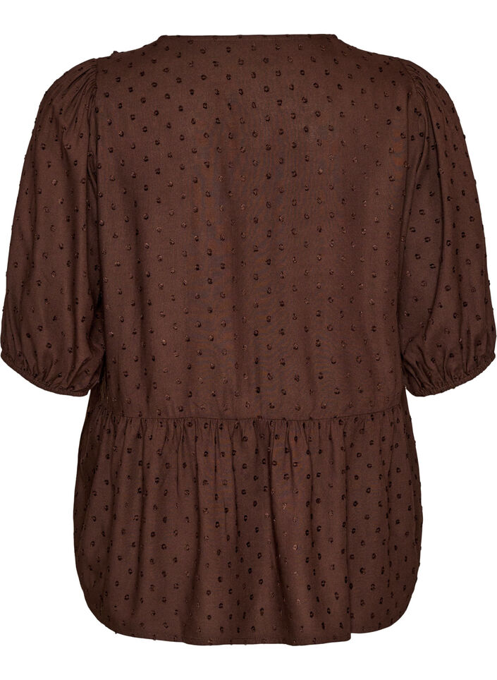 Blus i viskos med prickig textur och v-ringning, Brun, Packshot image number 1