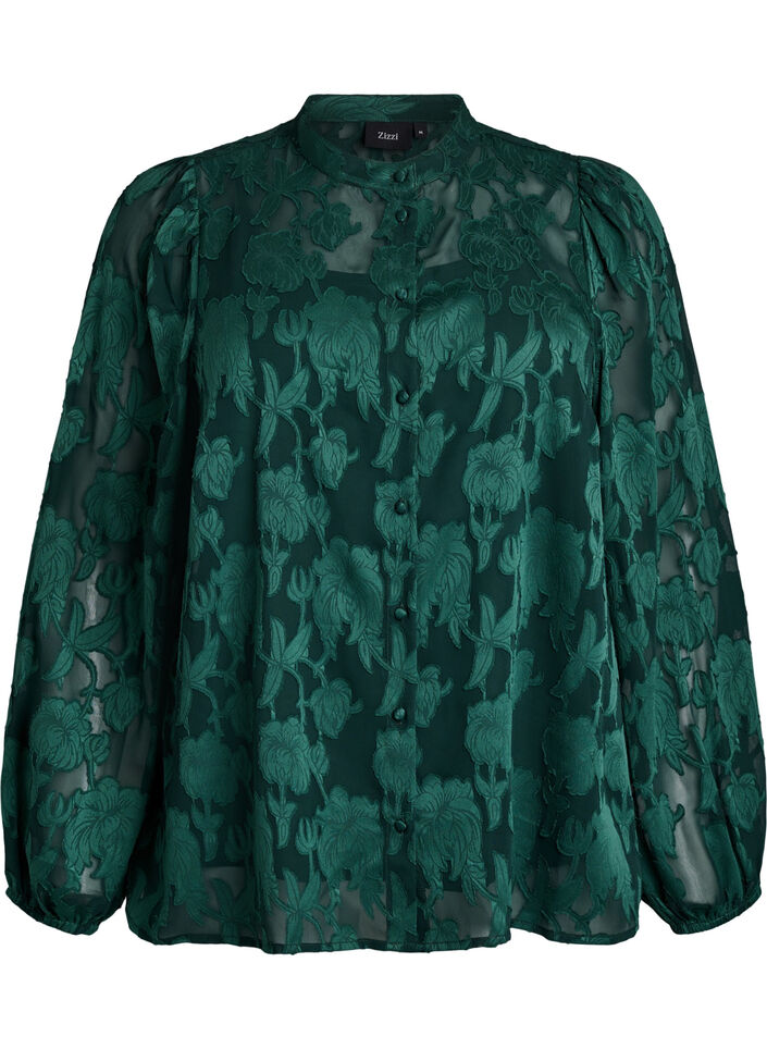 Blus med knappar och blommönster - Grön - Strl. M - Zizzi