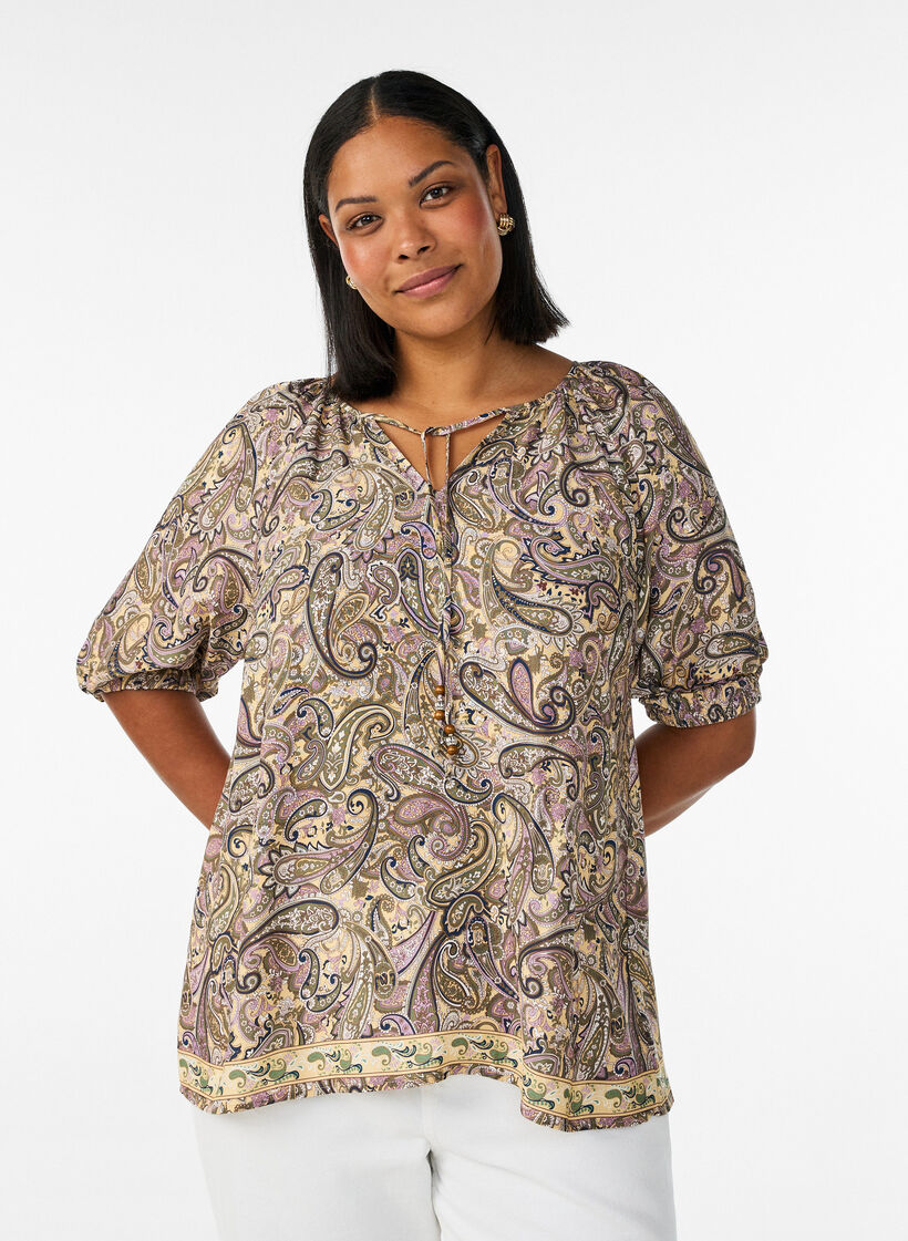Blus i viskos med paisleym&ouml;nster och knytband, Gul, Model image number 0