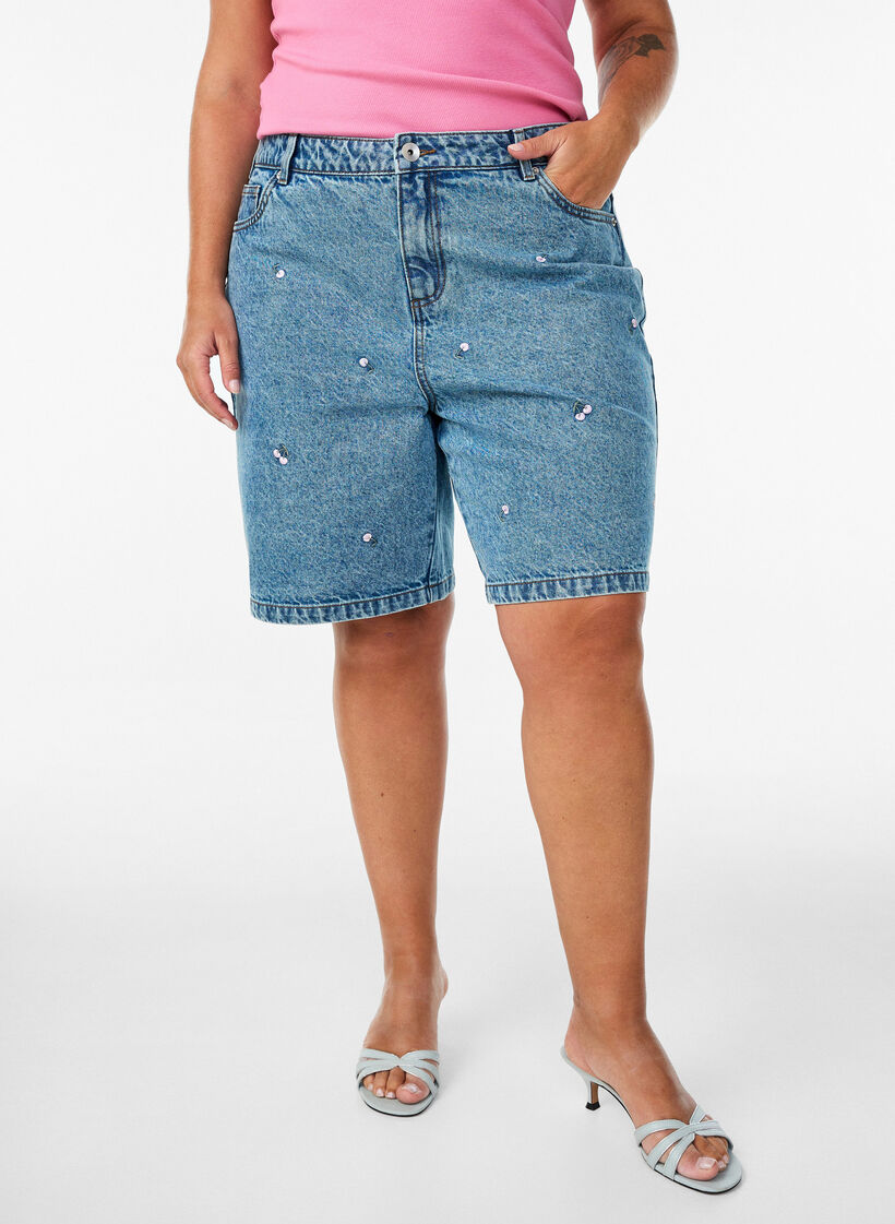 Jeansshorts med h&ouml;g midja och broderade motiv, Bl&aring;, Model image number 3