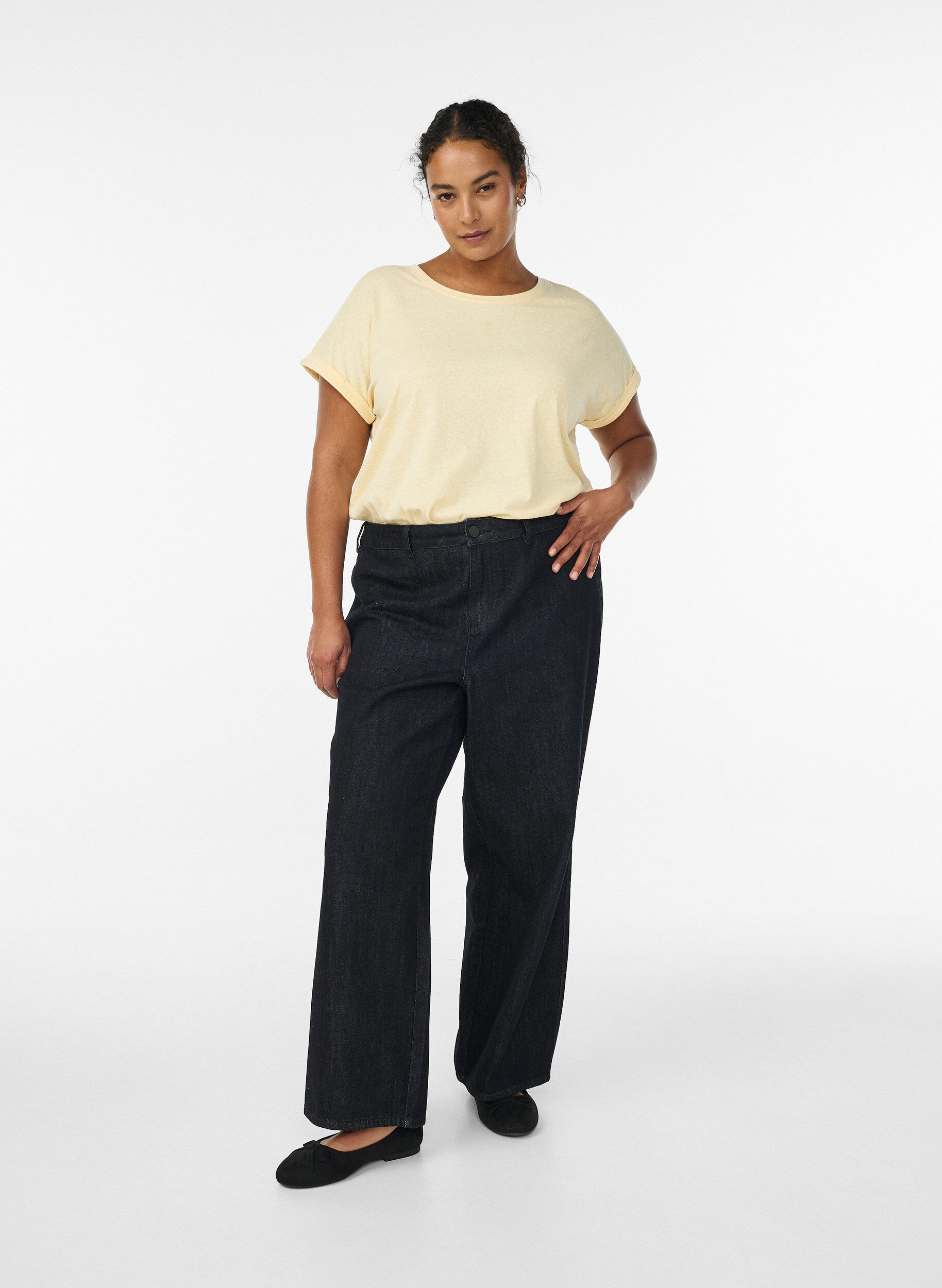 Zizzi Melerad t-shirt med korta &auml;rmar, Gul, Model image number 1