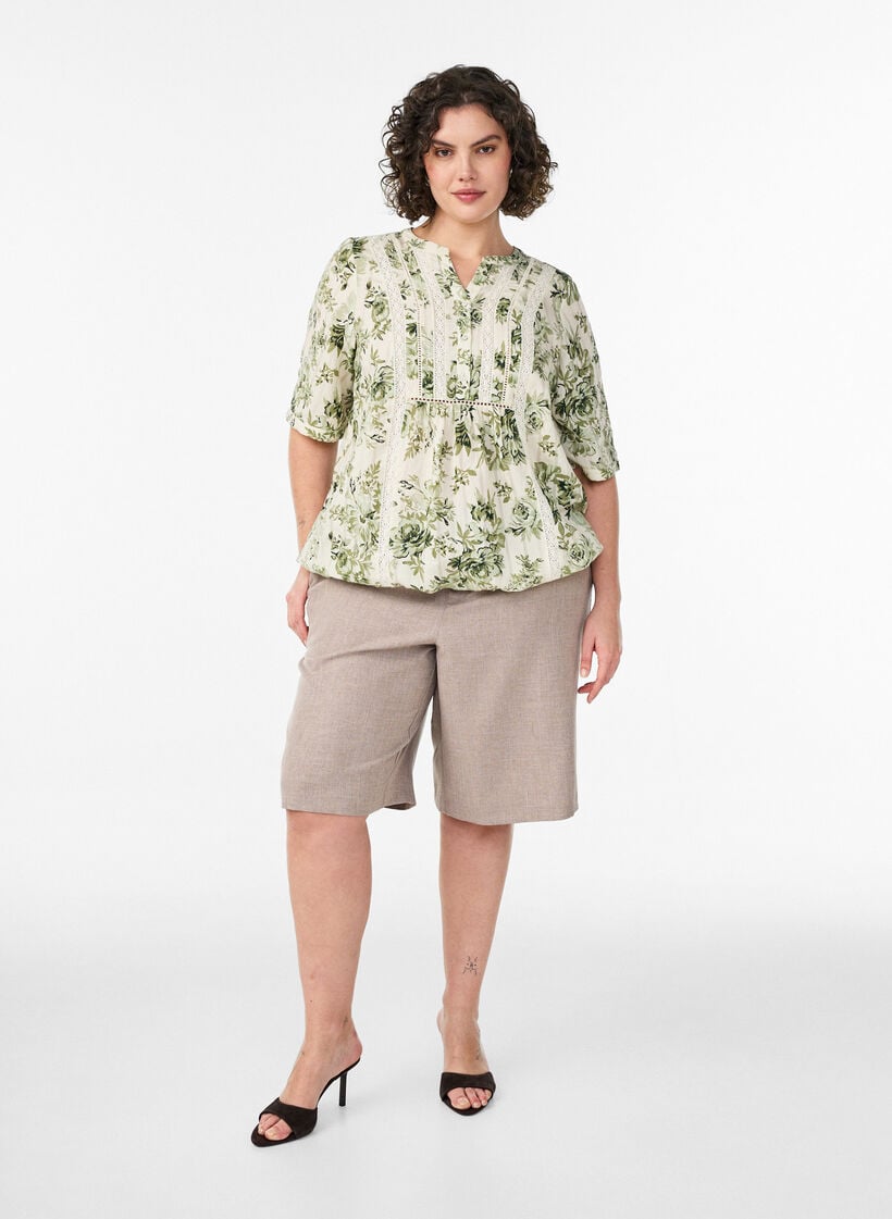 Blus med tryck och halvkorta &auml;rmar, Gr&ouml;n, Model image number 1