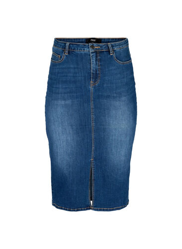 Knälång jeanskjol med slits, Dark blue denim, Packshot image number 0