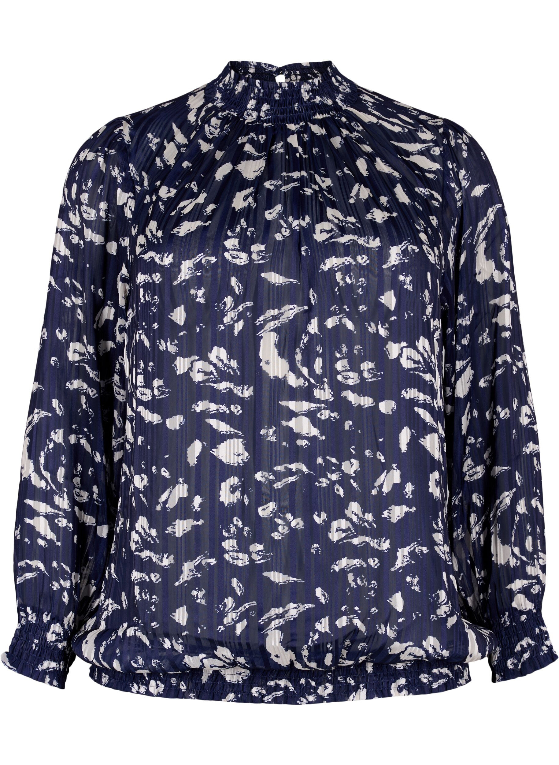 Zizzi M&ouml;nstrad blus med smock, Blue Leaf AOP, Packshot image number 0