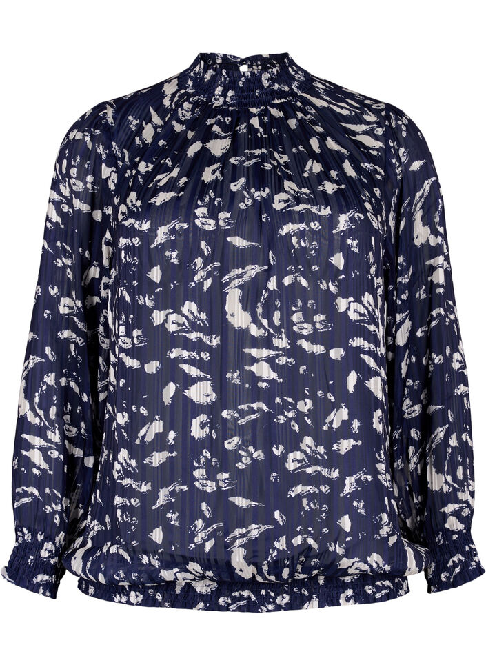 Mönstrad blus med smock, Blue Leaf AOP, Packshot image number 0