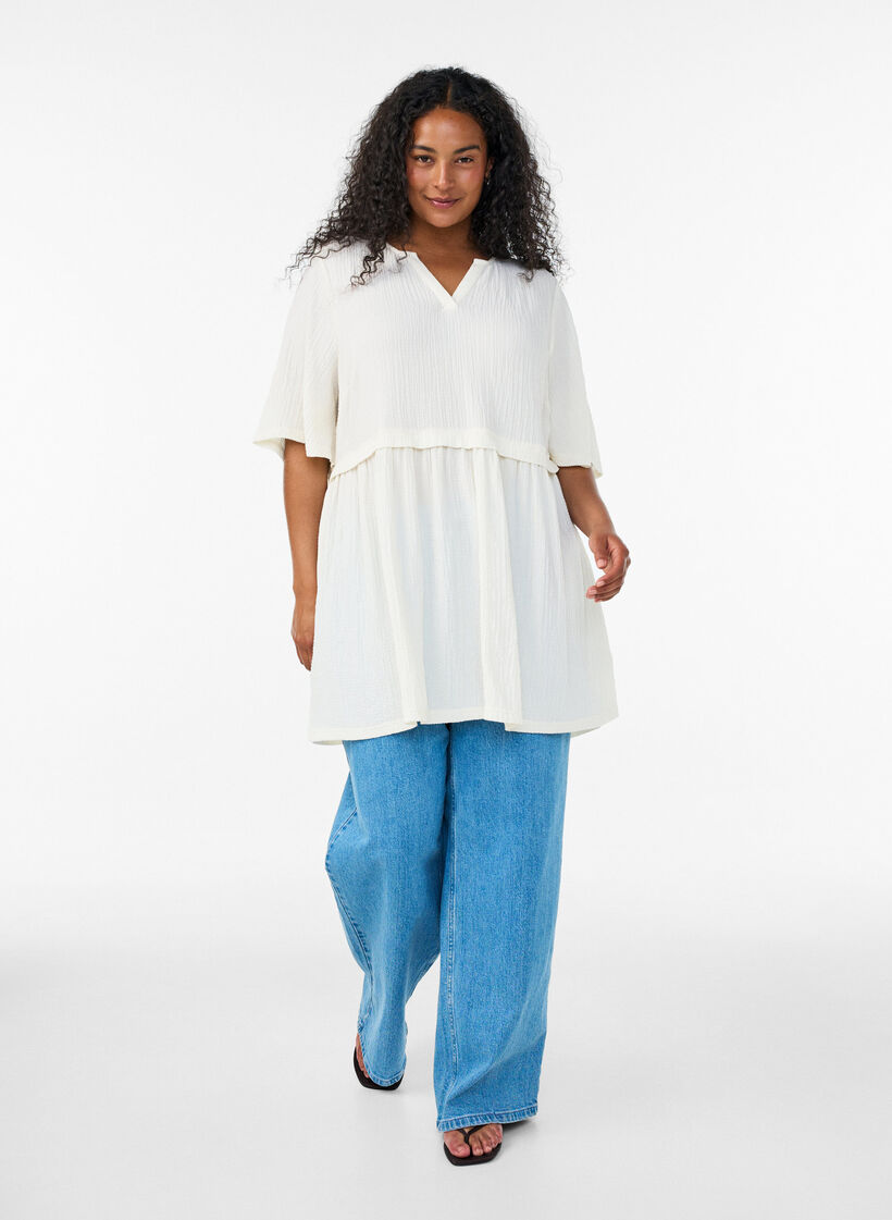 Tunika med krinklad textur och halvl&aring;nga &auml;rmar, Vanilla, Model image number 1