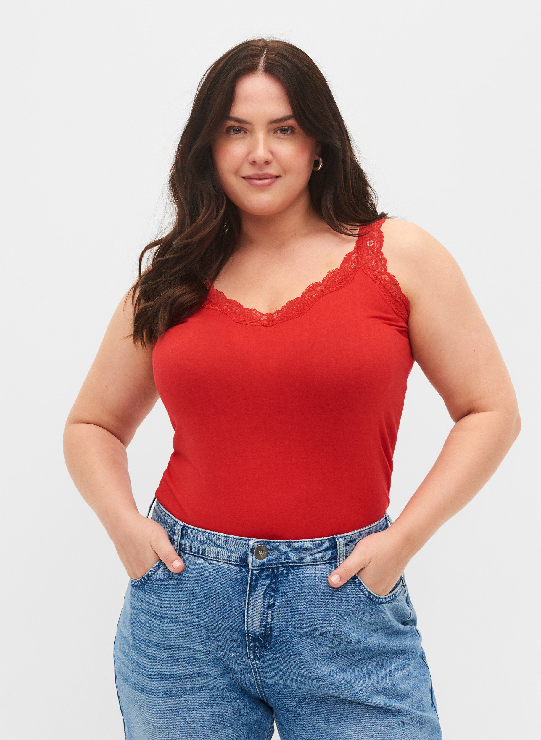 Zizzi 2-pack toppar med spets, Black/Chinese Red, Model image number 0