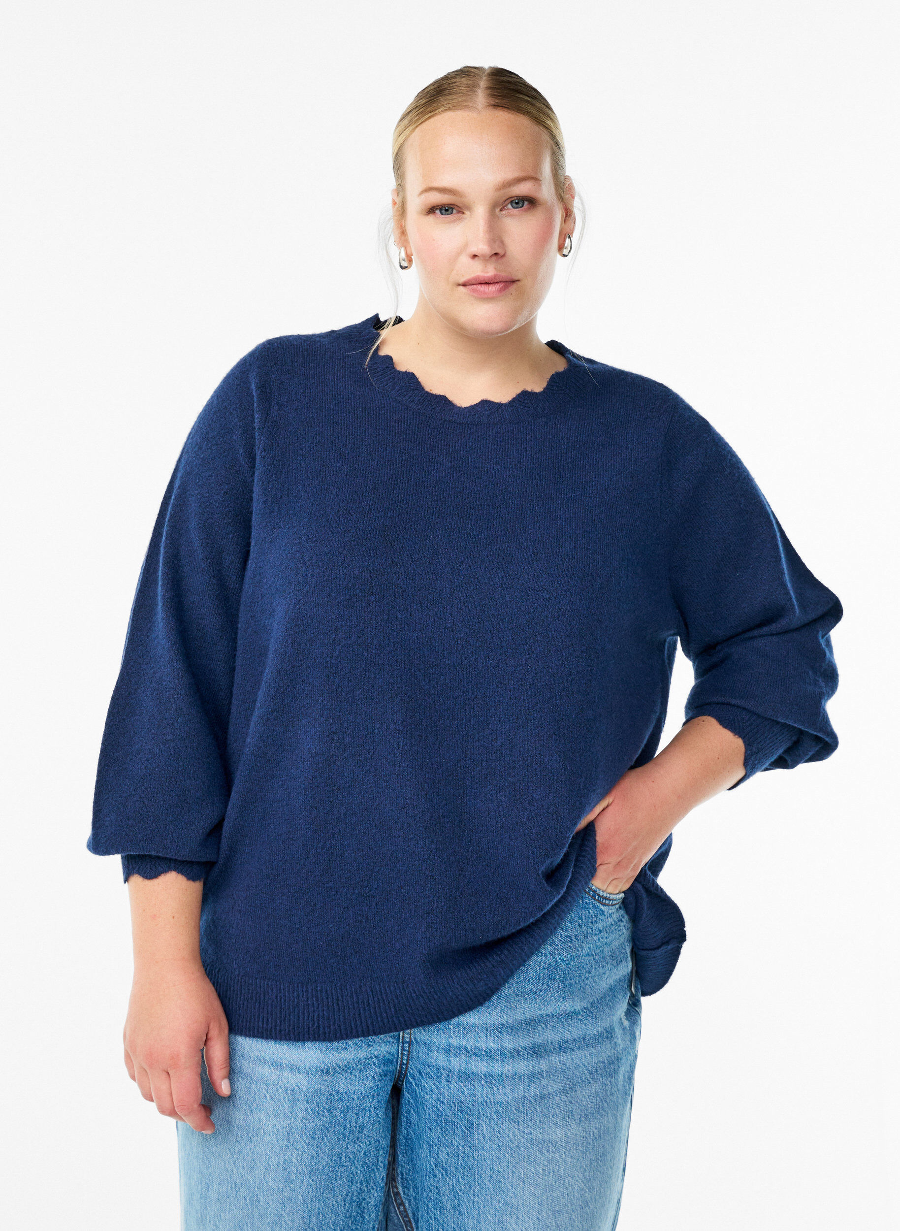 ZizziStickad blus med v&aring;giga kanter, Bl&aring;, Model image number 0