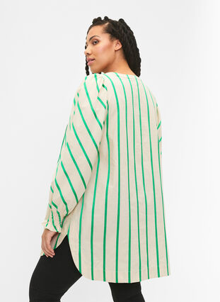 Randig tunika i bomull med smock och volanger, Beige Green Stripe, Model image number 1