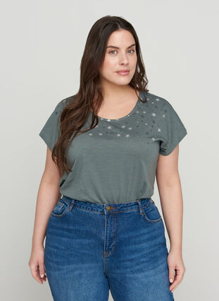 T-shirt i bomull med stjärnmotiv upptill, Balsam Green STARS, Model image number 0