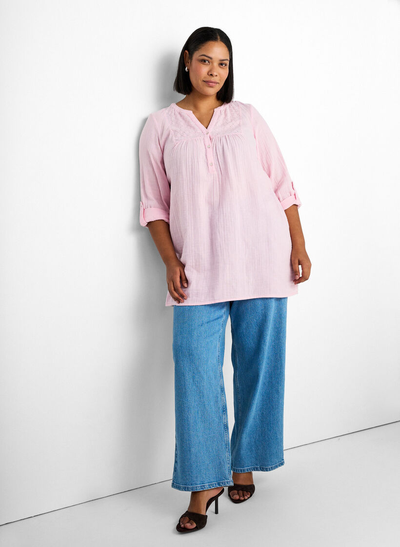 Tunika i bomullsmuslin med broderie anglaise, Rosa, Image image number 0