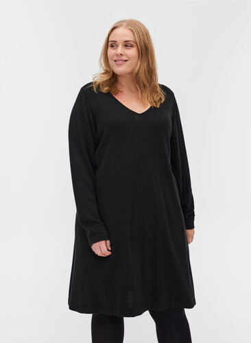 Enfärgad stickad klänning med långa ärmar, Black, Model image number 0