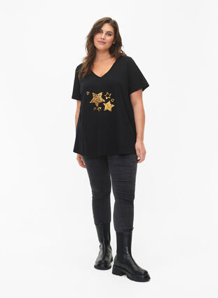 T-shirt i bomull med paljetter, Black W. Star, Model image number 2