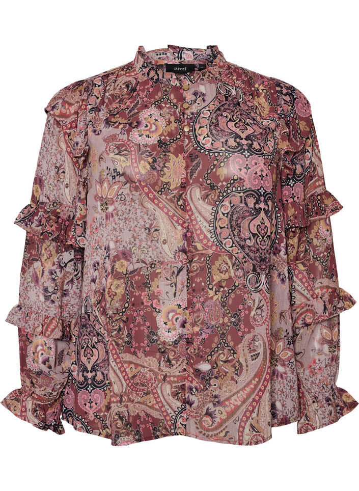 Blus med paisleym&ouml;nster och volangdetaljer, Lila, Packshot image number 0