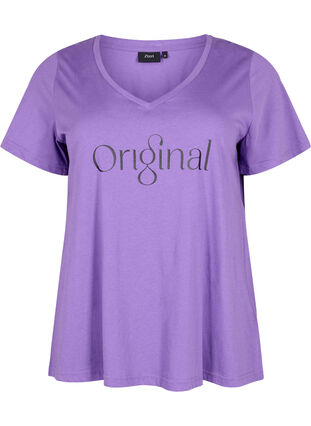 V-ringad t-shirt i bomull med texttryck, Deep Lavender ORI, Packshot image number 0