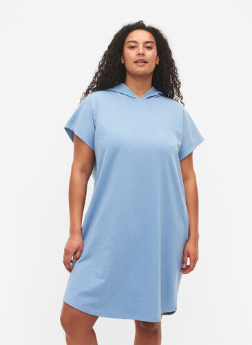 Kortärmad swetshirtklänning med huva, Faded Denim, Model image number 0