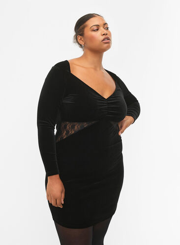 Kort klänning i velour med spetsdetalj, Black, Model image number 0