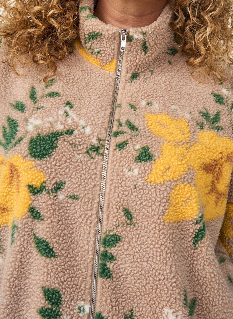 Blommig fleecejacka med h&ouml;g krage och dragkedja, Beige, Model image number 3