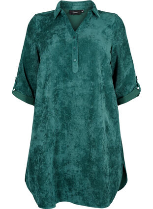 Sammetsklänning med 3/4 ärmar och knappar, Deep Teal, Packshot image number 0