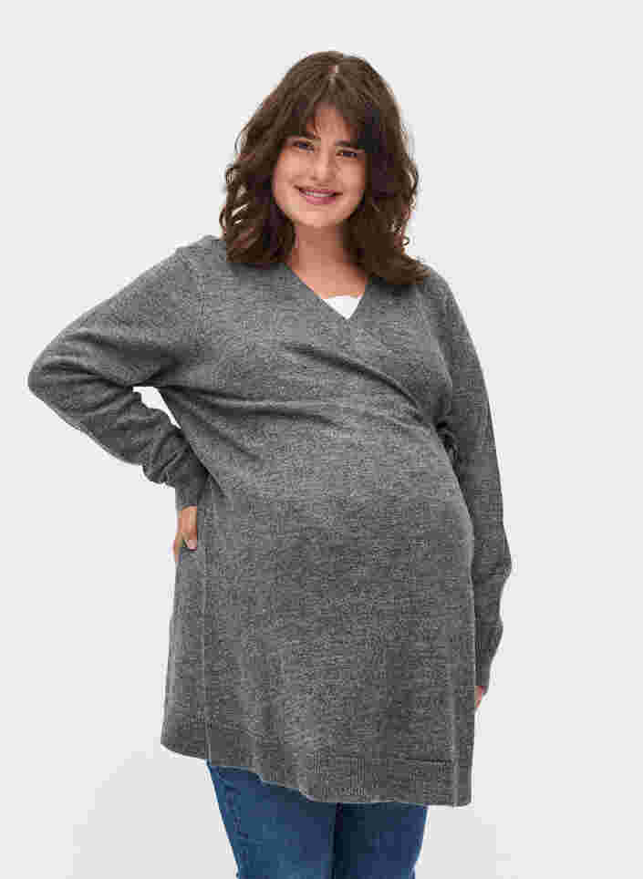 Stickad, melerad gravidtröja med omlott, Medium Grey Melange, Model image number 0