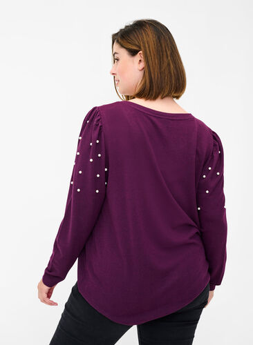 Blus med långa ärmar och dekorativa pärlor, Purple Melange, Model image number 1