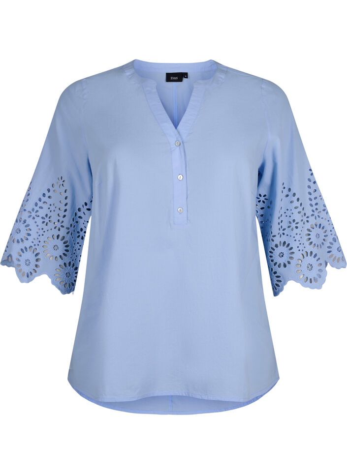 Skjortblus med broderie anglaise och 3/4-ärmar, Serenity, Packshot image number 0