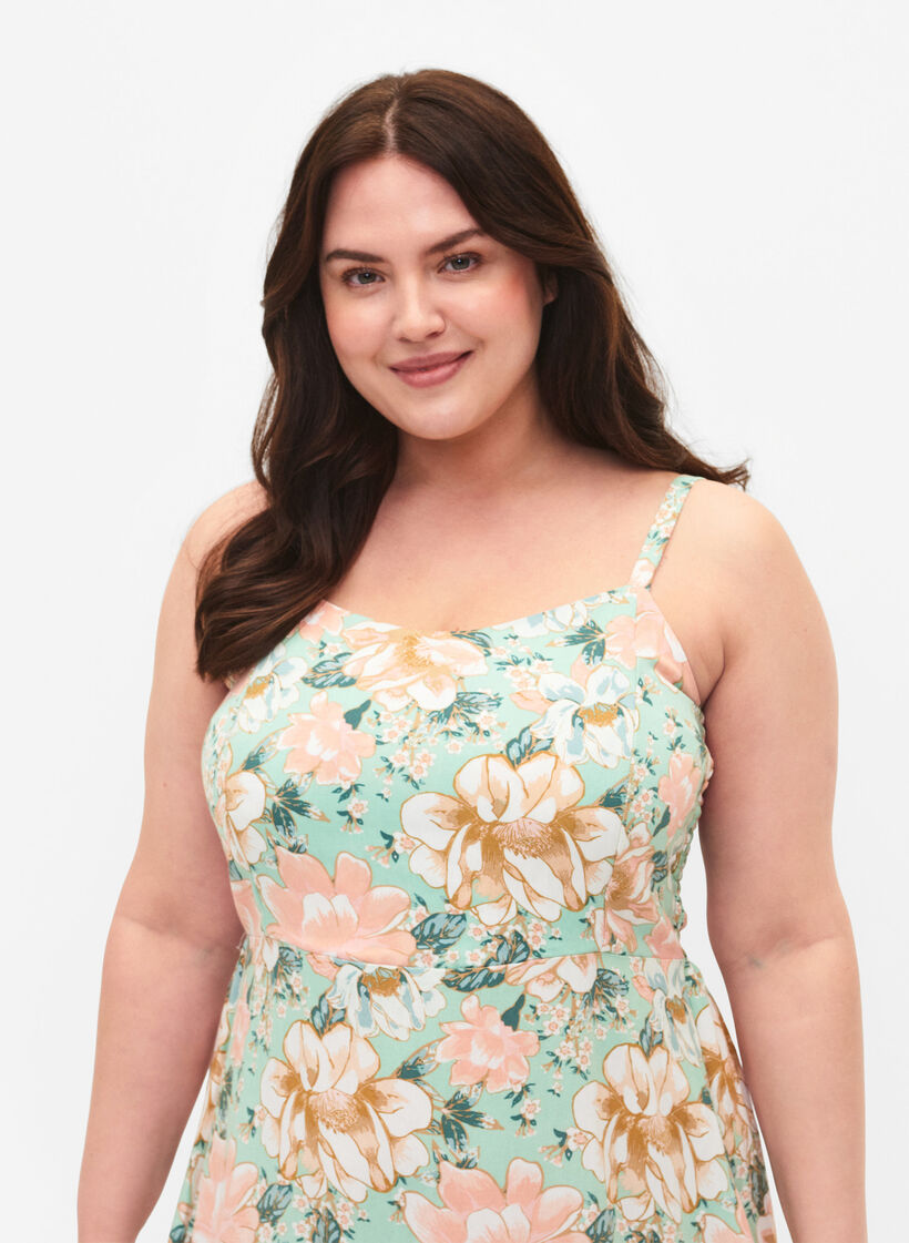 Blommig slipklänning i viskos med smock, Green Flower, Model image number 2